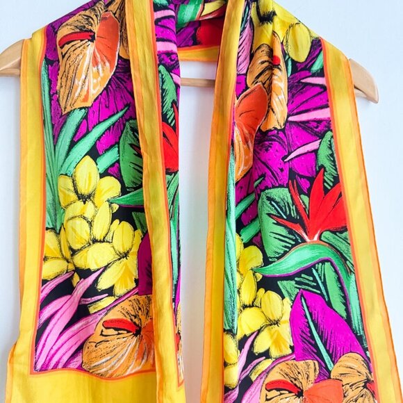 Adrienne Vittadini Floral Vibrant Colours Long Rectangular Silk Scarf - Picture 3 of 3
